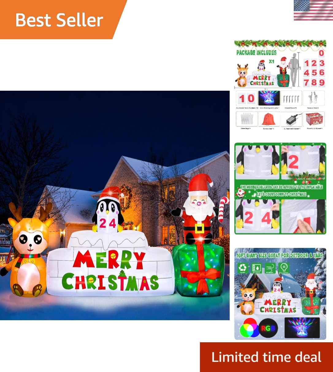 Large 10 Ft Christmas Inflatable Decor with Rotating Lights 