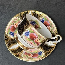 Vintage Paragon Footed Tea Cup and Saucer, Orchard Fruit , Black, Gold