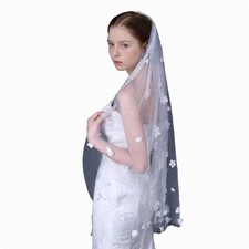 3D Flower Lace Bridal Veil, 1 Tier Fingertip, Pearl, Comb, Wedding, Bride