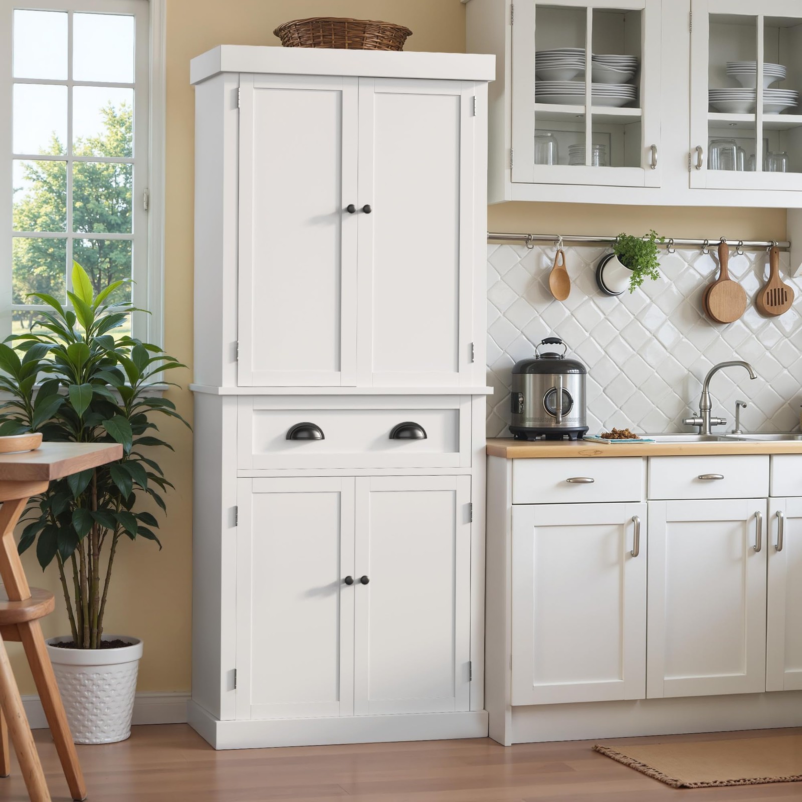 72-Inch White Tall Kitchen Cabinet with Adjustable Shelves for Pantry Storage
