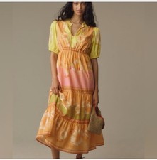 Women's Farm Rio Anthropologie Short-Sleeve Tiered Yellow/Pink Midi Dress  MED