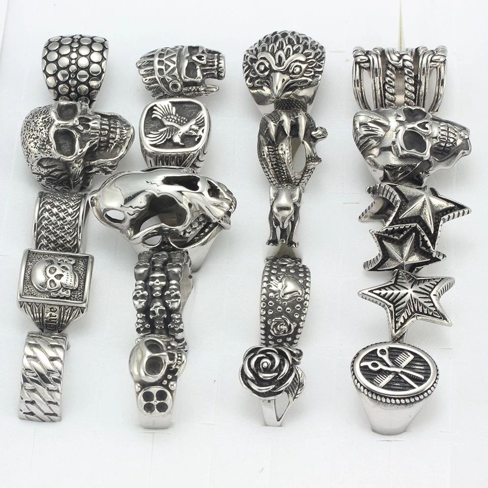 20pcs/Lot Stainless Steel Gothic Skull Men Punk Biker Male Rings Wholesale Mixed - Image 3 of 4