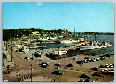 Oslo Norway Harbor View Boats & Vintage Cars Postcard