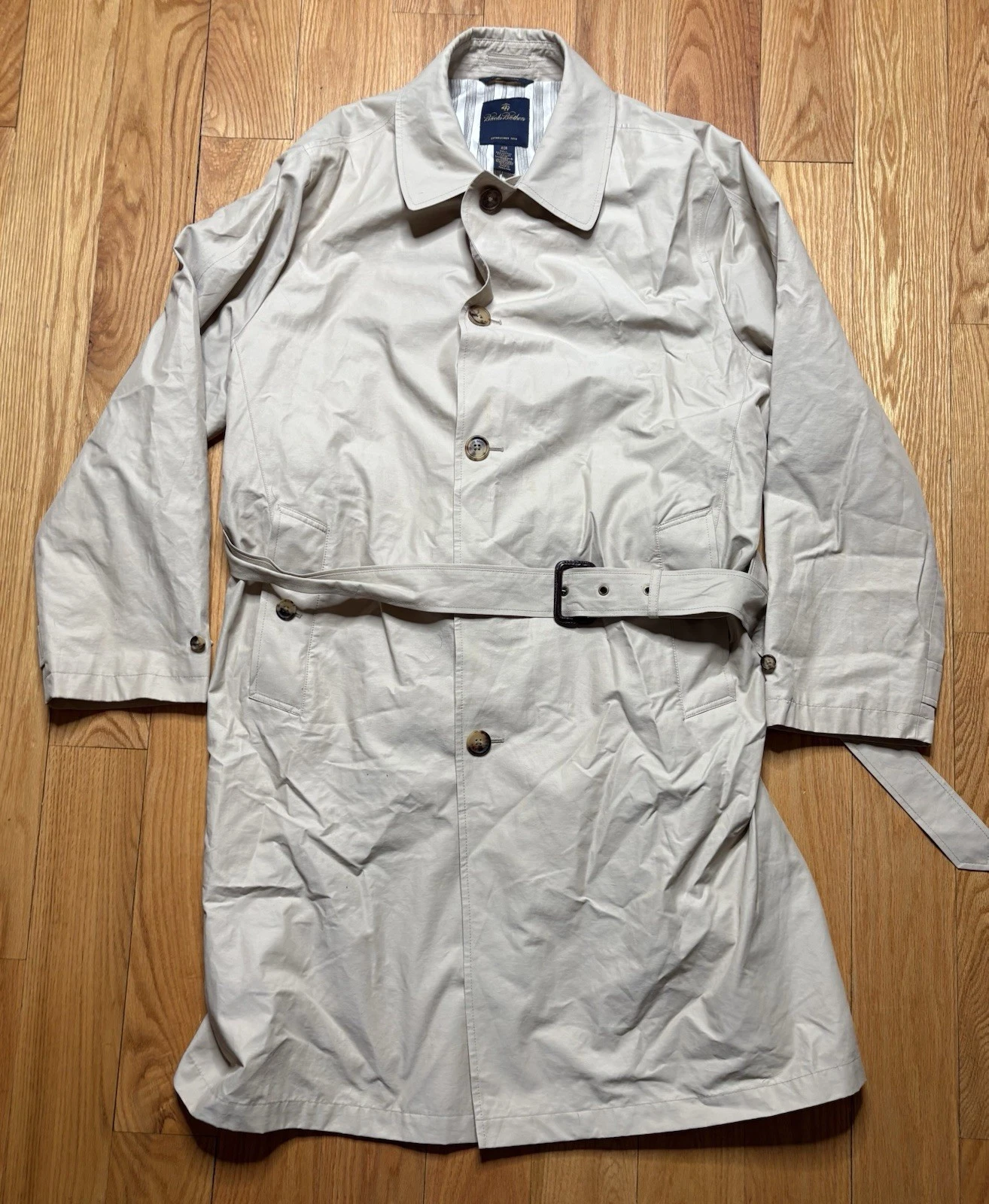 Brooks Brothers Coat Mens 46R Beige Trench Classic Button Front Tan Lined