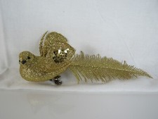 Gold Glitter Clip On Bird Christmas Tree Ornament Long Tail Black Bead Eyes