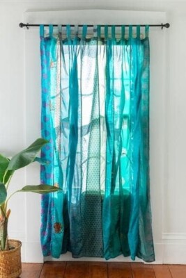 15 PCS Indian Sari Patchwork Curtain Drape Window Decor Turquoise Silk Curtain