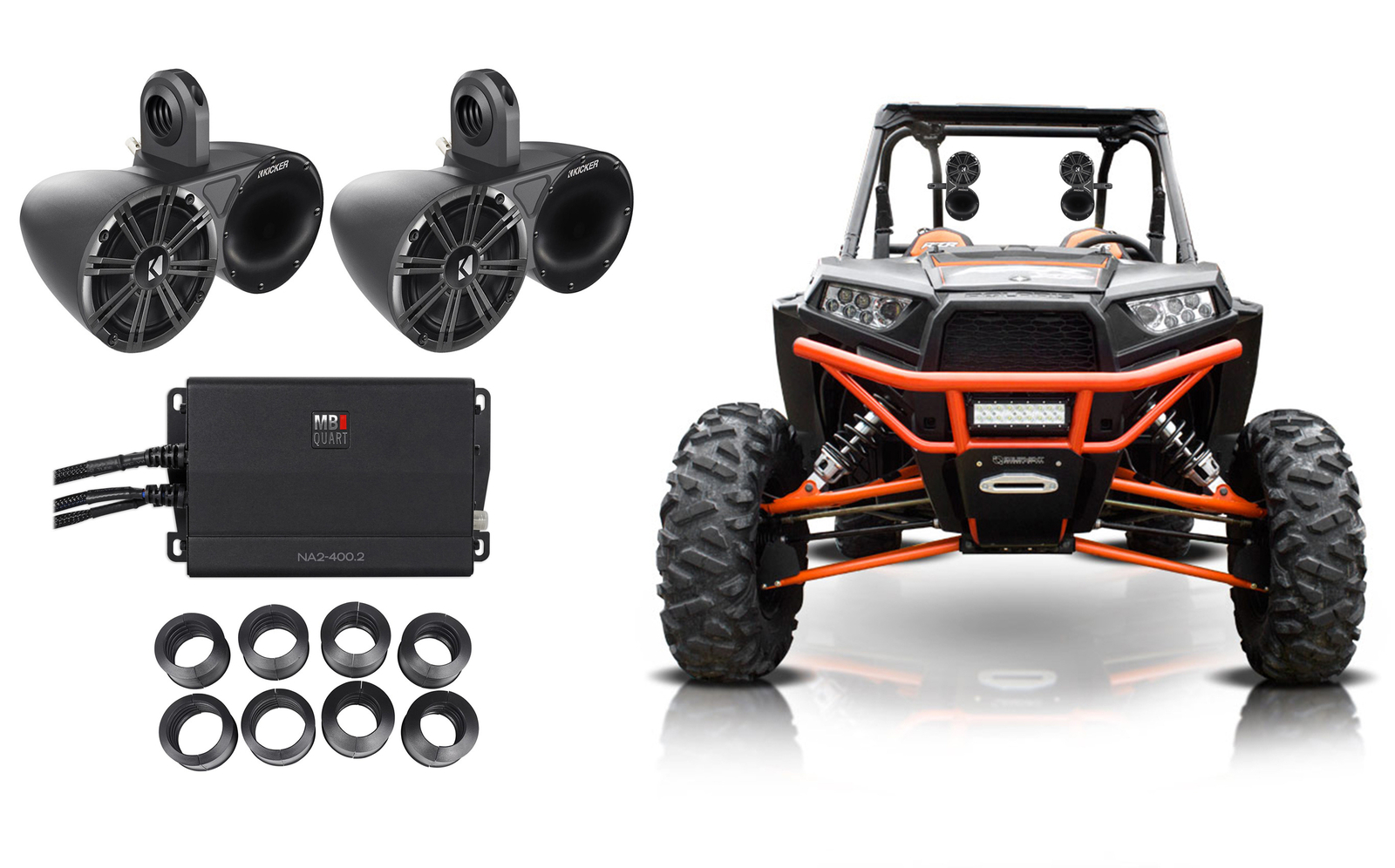 2 Башенных динамика Kicker 65 мощностью 400 Вт Рупорные твитеры 2-канальный усилитель для Polaris RZRATVUTV 124990₽