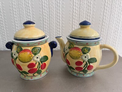 Vtg Panware Home Essentials Teapot & Sugar Lemon & Cherry 6'' Ceramic Pottery