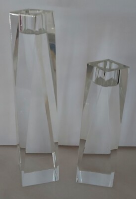 Oleg Cassini Signed Crystal Glass Prism Rectangular Candle Stick Holder Pair 2