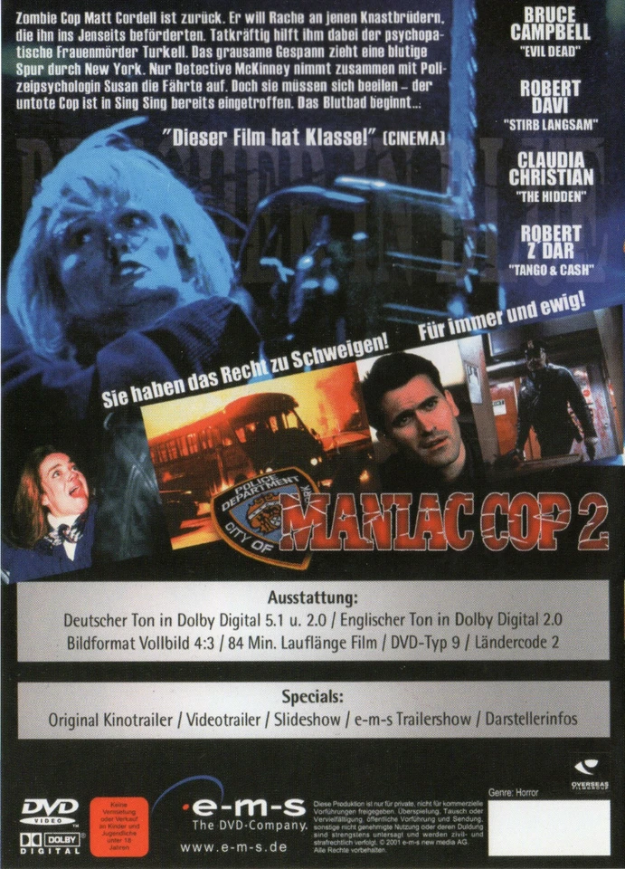 Maniac Cop 2 , Butcher in blue , 100% uncut , DVD Region free , new , W. Lustig - Image 2 of 2