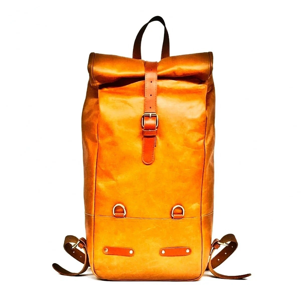 Roll Top Pannier Saddle Leather Backpack Tan For Universal Motorcycle