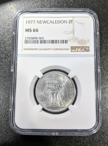1977 MS66 New Caledonia 2 Francs NGC UNC KM# 14 Kagu Bird Colonial Coin 