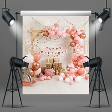8X6Ft Baby Girl Birthday Backdrop Happy Birthday Backdrop Pink Rose Balloons