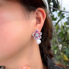 Silver Plated Zirconia Cherry Blossom Flower Earrings Pearl Drop Wedding Jewelry