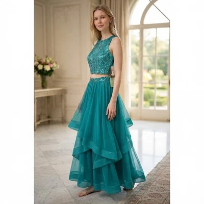 City Triangles Teal Sequin Lace 2 Piece Prom Party Dress Set Size 7 NWT $200 - Image 1 of 4
