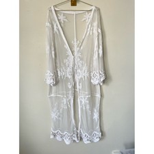 Festival bohemian Sheer White Embroidered Lace Kimono Cover-Up one size