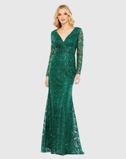 Mac Duggal New Embellished Wrap Over Long Sleeve Gown In Emerald Green Size 8