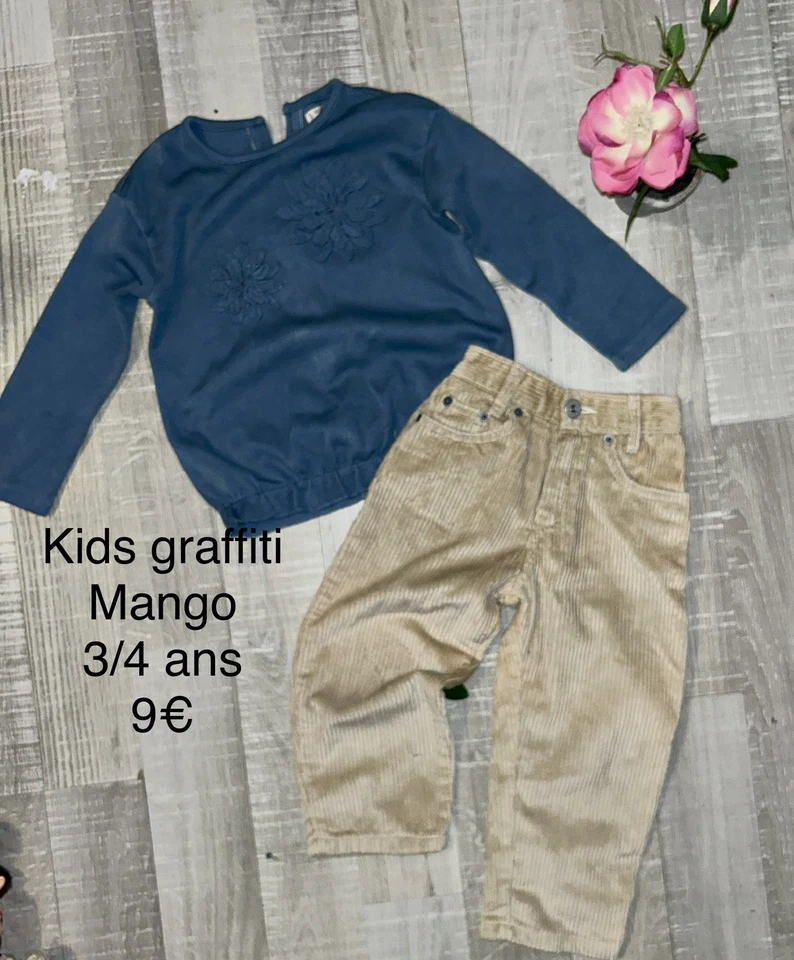 Kids Graffiti Mango 3 / 4 Fille : Sweat Bleu Et Pantalon Velours TBE - Photo 1/1