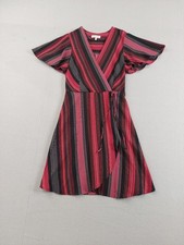 Monteau Women Wrap Dress S Multicolor Striped V Neck Short Sleeve Tie Comfort