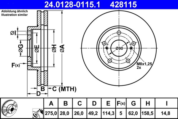 2X Ate Bremsscheibe 24.0128-0115.1 FüR Toyota Previa Camry Verso Avensis 2 Vvt-image