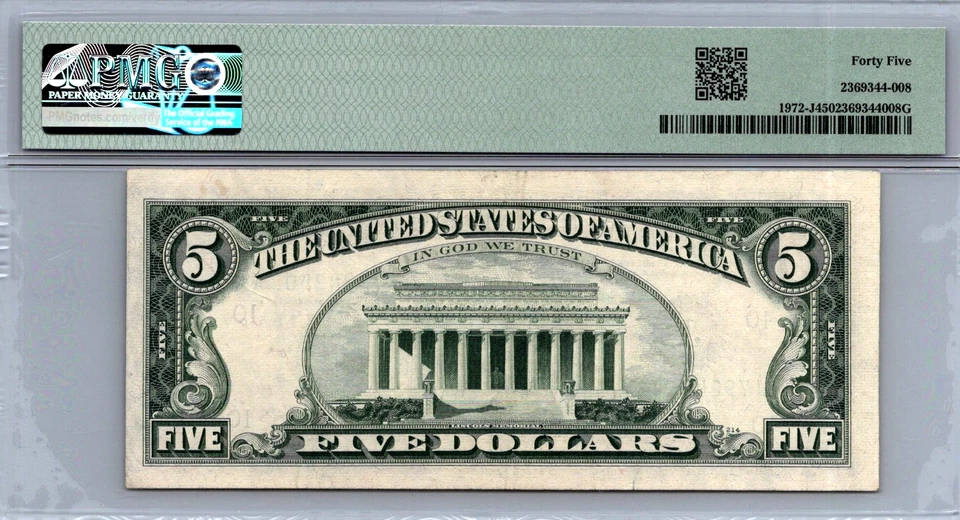 $5 1969C Federal Reserve Note Kansas City PMG 45 Choice XF Fr. 1972-J - Image 2 of 3