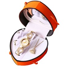 5-Piece Women's Quartz Watch Jewelry Set with Rhinestone Stainless Steel Band