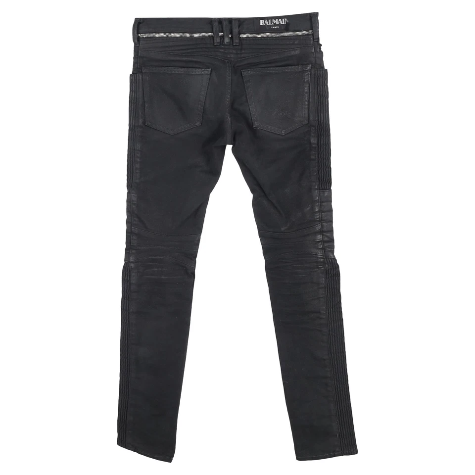 Jeans masculino Balmain encerado slim fit motociclista em algodão jeans preto tamanho 36 - Imagem 2 de 3