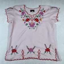 Blusa Floral Hecha a Mano Oaxaca Mexicana Bordada Rosa Volantes Ribete Festoneado