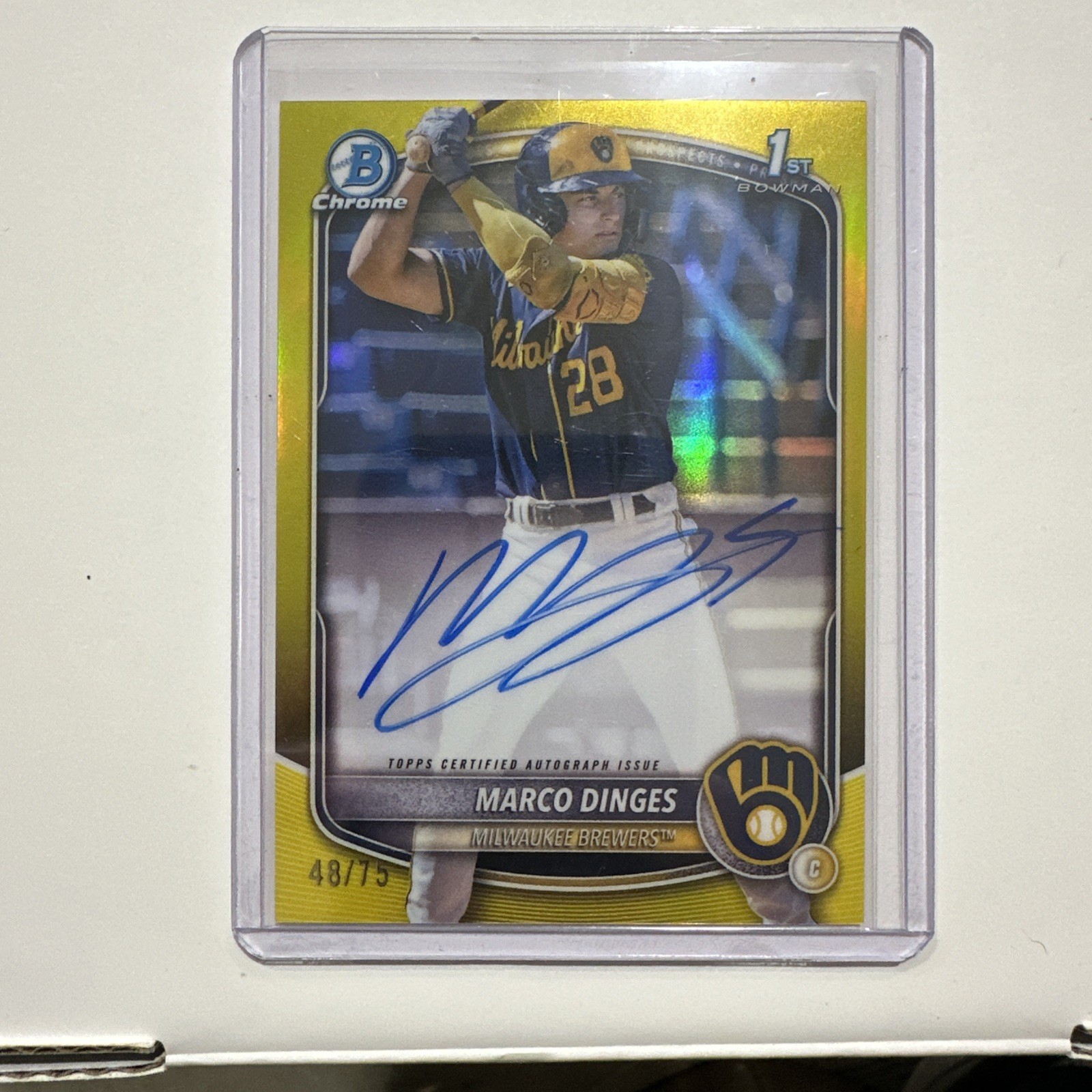 2025 Bowman Chrome Marco Dinges Yellow Refractor 1st Auto /75 Brewers