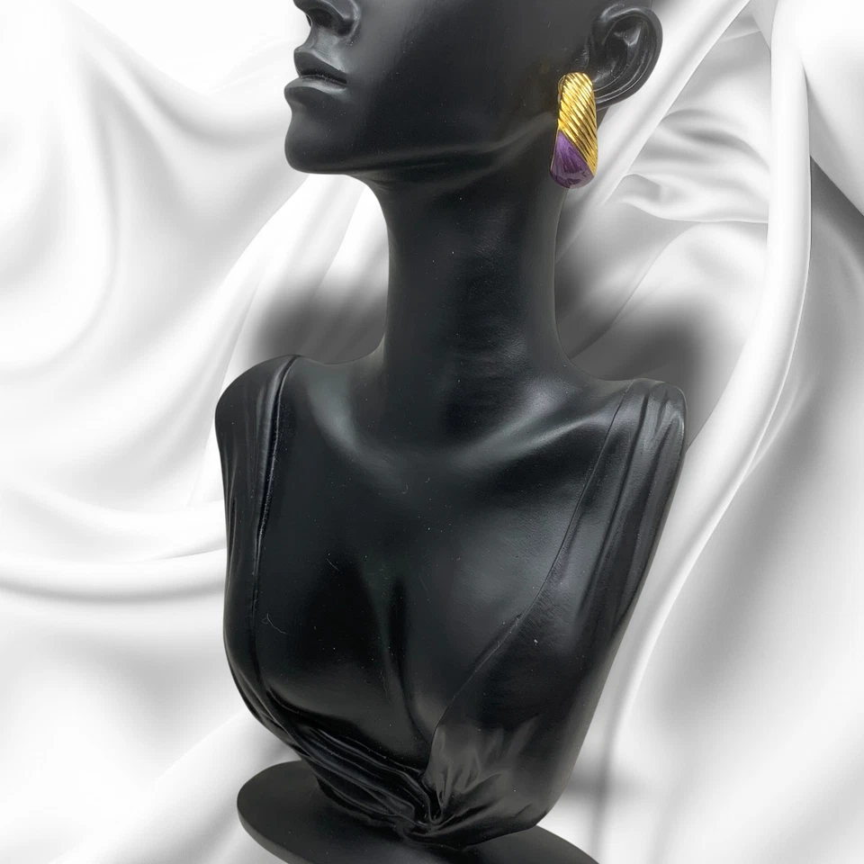 Pendientes Vintage Años 80 Esmalte Púrpura Tono Dorado Clip En Vanguardia Modernista Foto 4 de 4