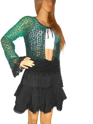 Süße Strickjacke mit Spitze ausgestellte Ärmel ''Take Me Anywhere'' handgehäkelt grün Größe 12/14