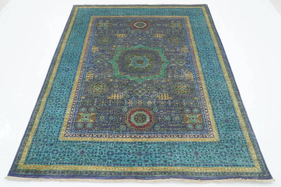 5 x 7 ft Blue Mamluk Afghan Hand Knotted Medallion Area Rug - Image 2 of 4