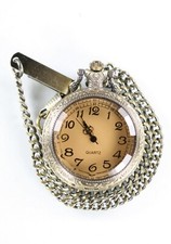 Casual Men Pocket Watch Stainless Steel Gold WR Battery 14 in. Fob Chain Brown