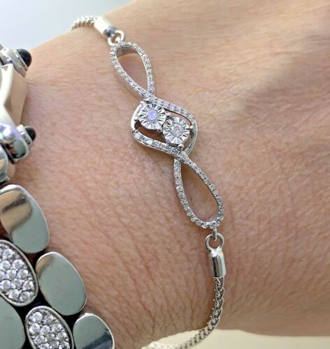 Sterling Silver Boho Slider Clasp Diamond Infinity Adjustable Bracelet - Picture 1 of 12