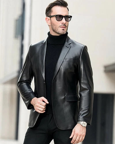 Men's Genuine Lambskin Leather Blazer Jacket Two Button Black Slim fit Coat - NF video thumbnail