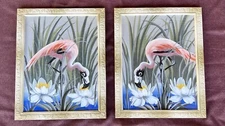 Vintage M Devoe Flamingo Gouache Paintings In Original Frames Signed 