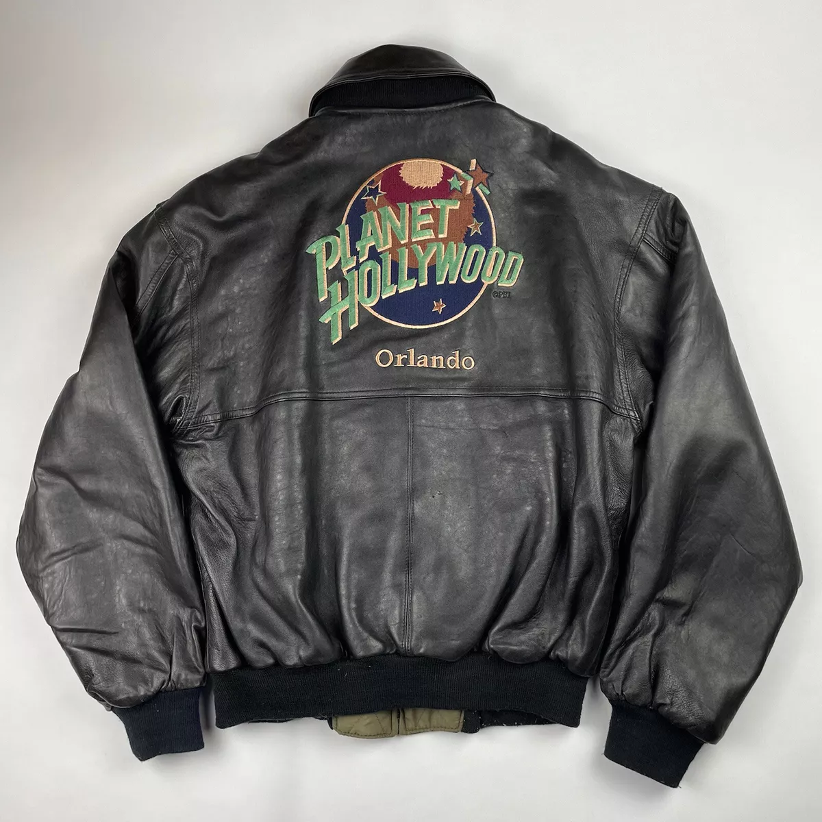 Vintage 90s Planet Hollywood Orlando Mens Sz M Leather Bomber Jacket Reversible