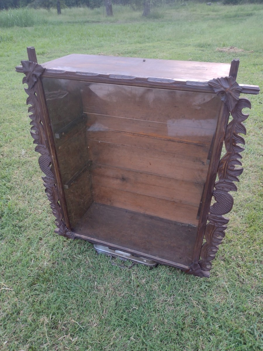 Large Vintage Display Wall Shelf Hand Carved Frame Glass Shelves