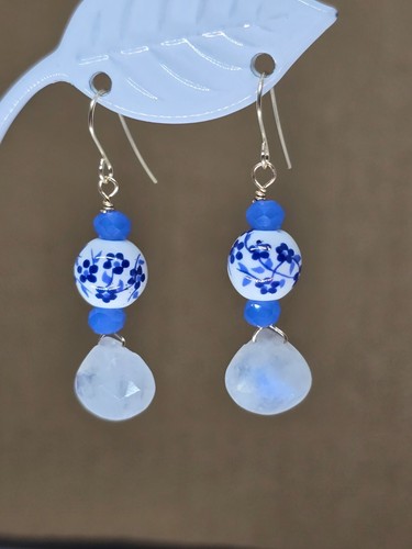 White Moonstone Briolette Dangle Earrings, 14k Yellow Gold or Sterling Silver - Picture 3 of 8