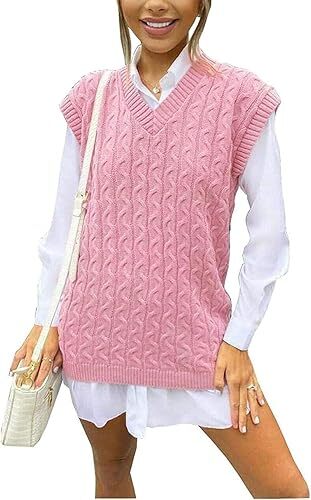 Grobstrickweste Pullover Damen ärmellos V-Ausschnitt Zopfmuster - Bild 6 von 8