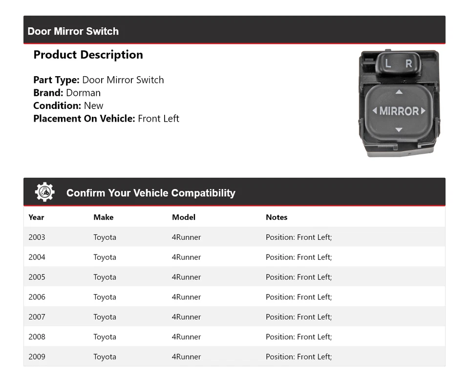 Переключатель переднего левого зеркала двери для Toyota 4Runner Dorman 2003-2009 годов выпуска 2004 2005 2006 годов выпуска - Изображение 2 из 4