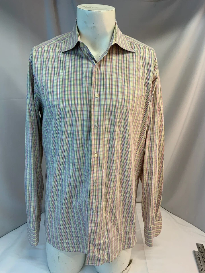 Camisa Botón Ingram L Hombres Amarillo Rosa Azul Algodón a Cuadros Md Italia YGI L1-213 Foto 2 de 4