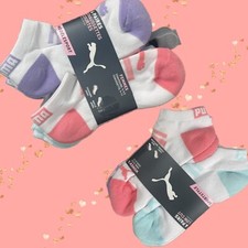 Puma 6 Pk White-Coral-Teal Purple Sport Cushion Mesh Ventilation Low Cut Socks