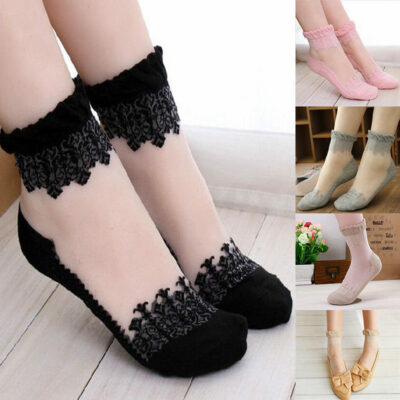 1Pair Womens Ultrathin Cute Transparent Crystal Silk Lace Elastic Socks  Hosiery✔