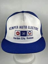 Vtg Auto Electric AC Delhi GM White With Blue Mesh Trucker Hat Snapback Made USA