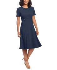 London Times Petite Fit & Flare Scuba Crepe Midi Dress , Navy Blazer, 14P
