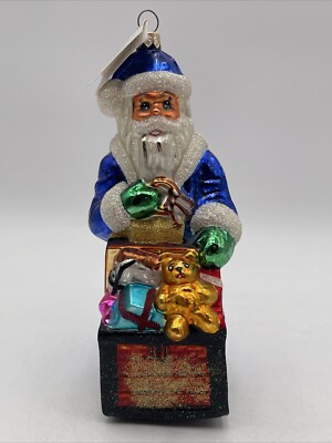 Christopher Radko Toy Chest Santa Tag Early Blue Coat 8'' #97-20-0 Large Ornament
