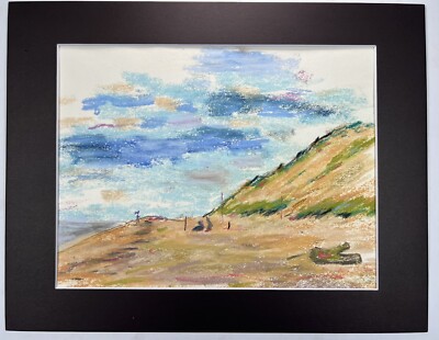 Vtg Impressionism Pastel Drawing 11x14  Beach Dunes Sunset By Ocean Colorful Art