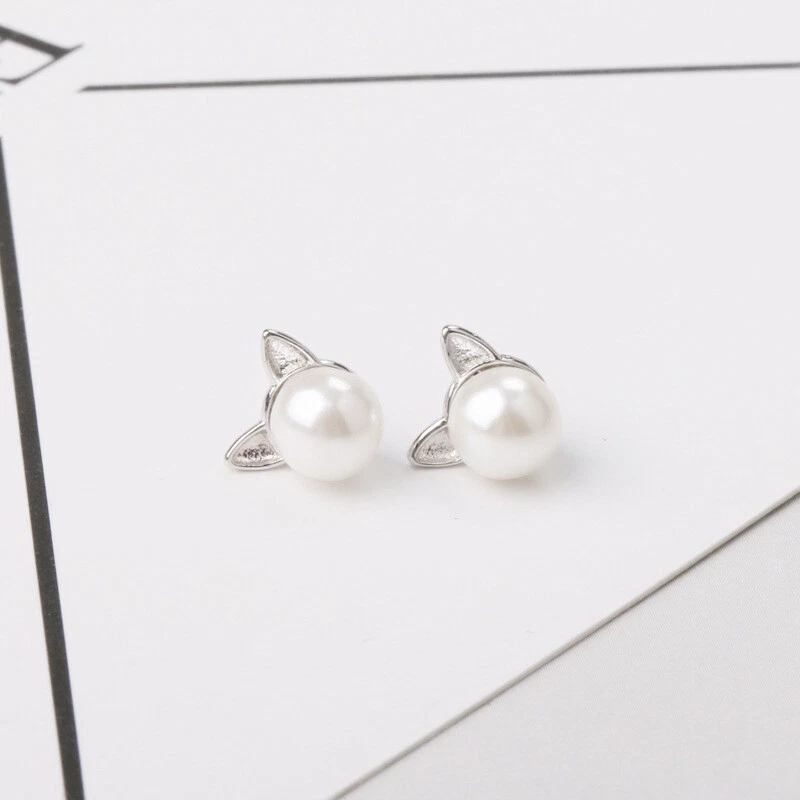 Damen Ohrringe Katze Silber 925 Perle Weiß 8 mm - Bild 2 von 4