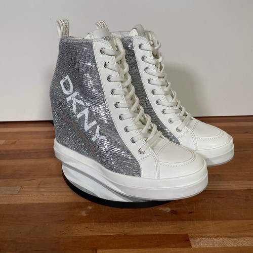 DKNY Sophie Faux Leather wedge Sneakers White/silver 10 M - Picture 7 of 10